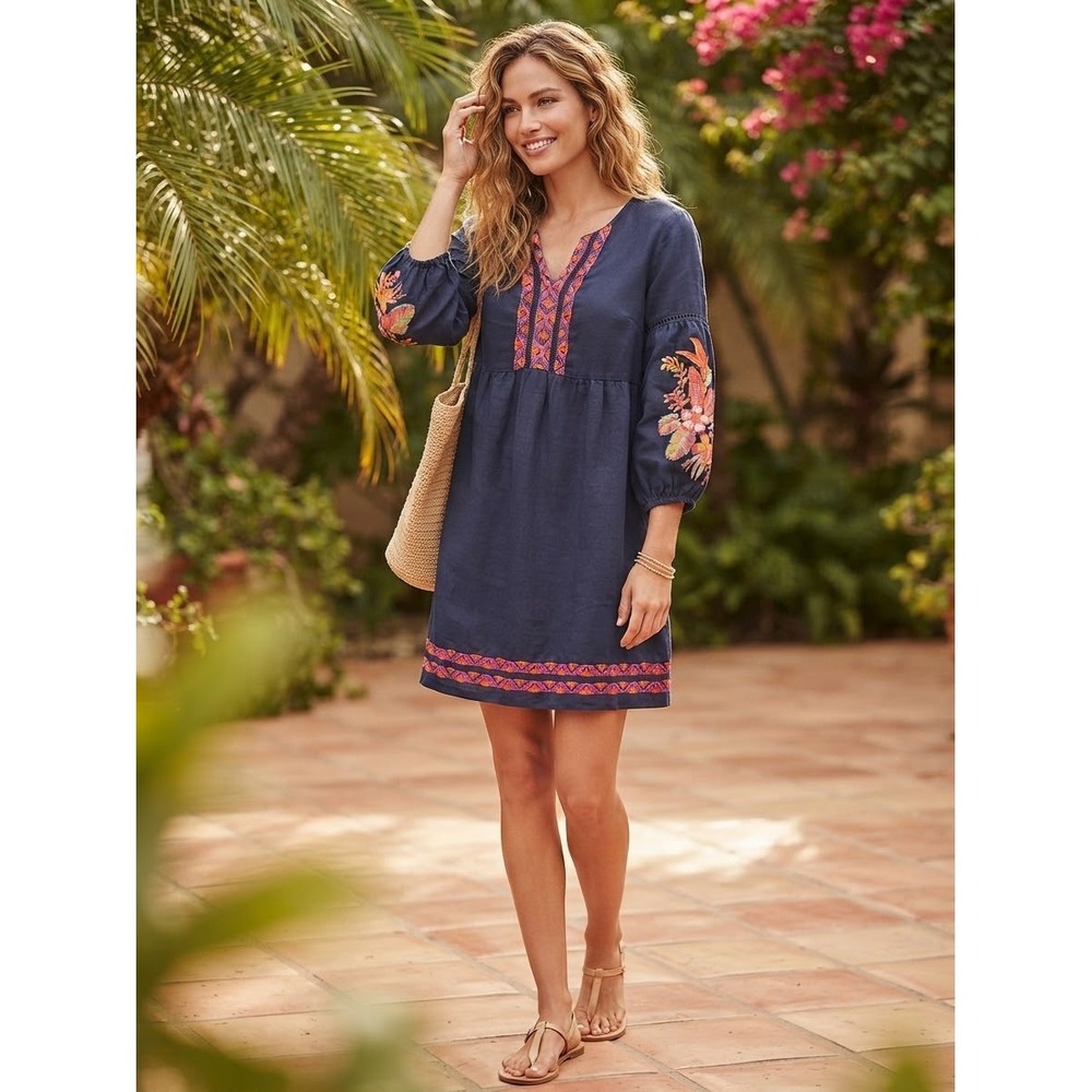 Tommy Bahama Blue Linen Blend Embroidered V-Neck Shift Dress Women's M